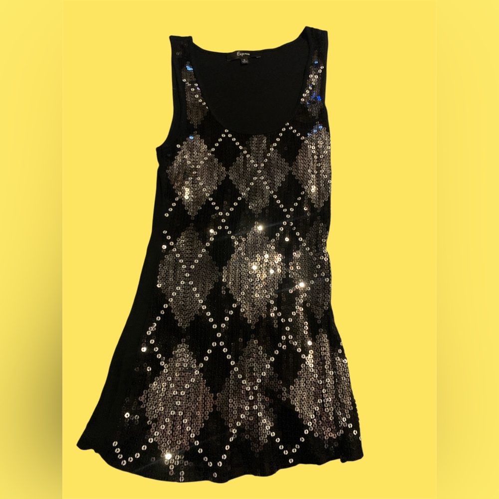 Express Small but stretchy Black and Silver Sequin Tank Top 100% Pima Cotton